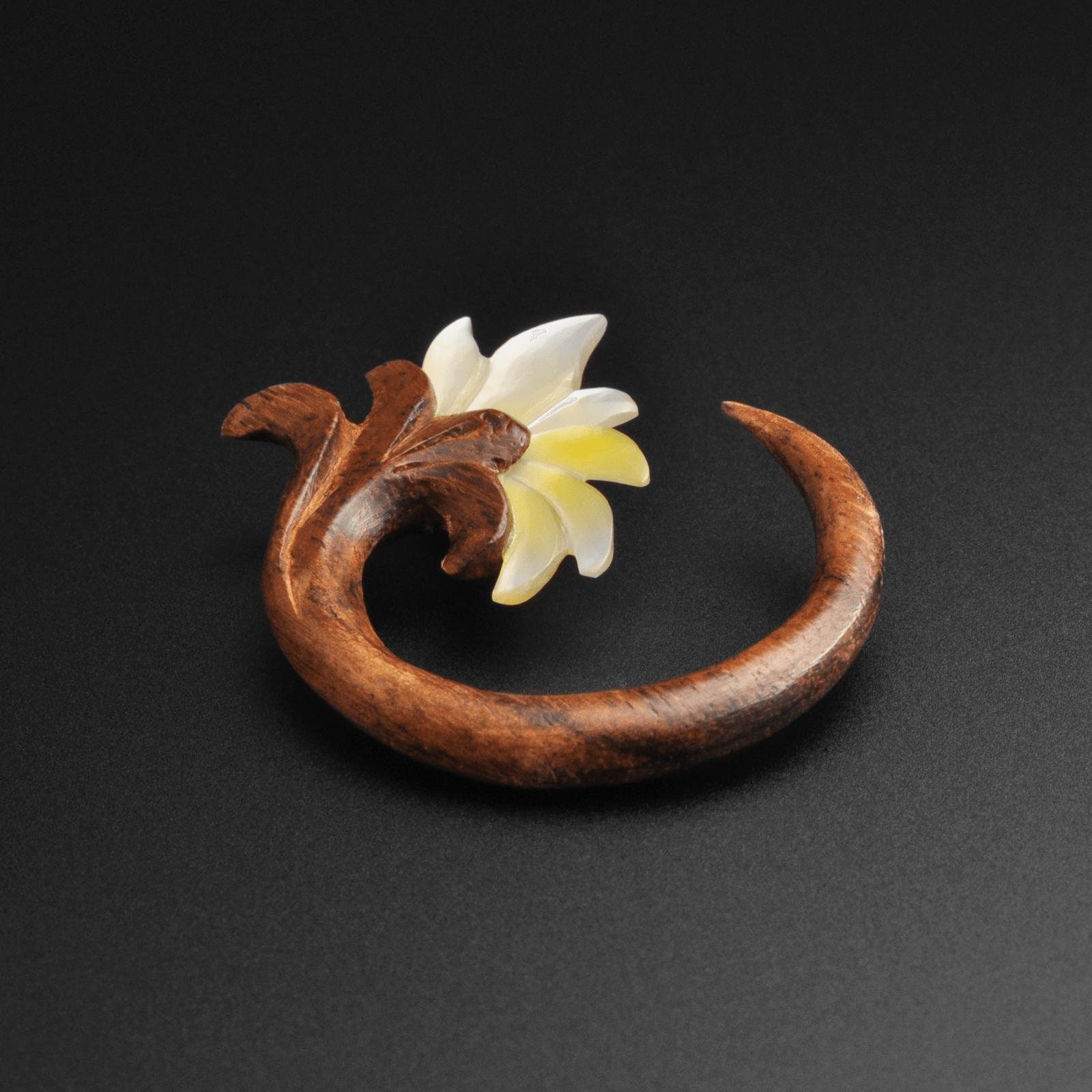 Sono Wood Spiral With MOP Flower Carving | Wooden Ear Stretcher Gauges | Sizes 3mm (8g) - 16mm (5/8") | ***No USA TARIFFS!***