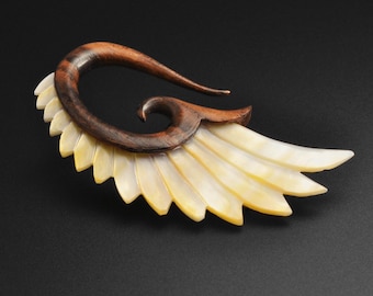 Sono Wood & MOP Angel Wing | Wooden Ear Stretcher Gauges | Ear Stretching | Sizes 3mm (8g) - 12mm (1/2&quot;) | ***No USA TARIFFS!***