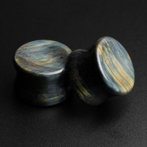 Stone Plugs Blue Tiger&#39;s Eye Double Flare Concave Plug | Organic Stone Gauge | Sizes 3mm (8g) - 19mm (3/4&quot;) | FREE Delivery Available!