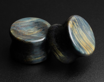 Stone Plugs Blue Tiger's Eye Double Flare Concave Plug | Organic Stone Gauge | Sizes 3mm (8g) - 19mm (3/4") | ***No USA TARIFFS!***
