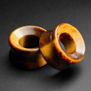 Yellow Tiger&#39;s Eye Double Flare Concave Stone Tunnel | Organic Stone Ear Gauges | Sizes 6mm (2g) - 25mm (1&quot;) | FREE Worldwide Delivery!