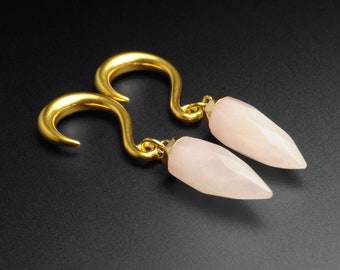 Rose Quartz Faceted Pendant With Gold PVD Hook Mini Ear Weight | Ear Weight Gauges For Stretched Ears | FREE Delivery Available!