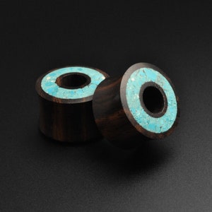 Sono Wood Double Flare Tunnel With Crushed Turquoise Halo Inlay | Wooden Ear Gauges | Sizes 6mm (2g) - 25mm (1&quot;) | FREE Worldwide Delivery!