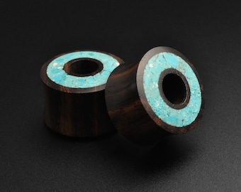 Sono Wood Double Flare Tunnel With Crushed Turquoise Halo Inlay | Wooden Ear Gauges | Sizes 6mm (2g) - 25mm (1") | FREE Worldwide Delivery!