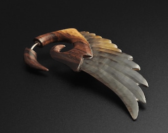 Sono Wood & Black MOP Fake Gauge Angel Wing | Faux Wooden Ear Stretcher Gauges | Standard Piercing Fit | ***No USA TARIFFS!***