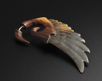 Sono Wood & Black MOP Fake Gauge Angel Wing | Faux Wooden Ear Stretcher Gauges | Standard Piercing Fit | FREE Delivery Available!