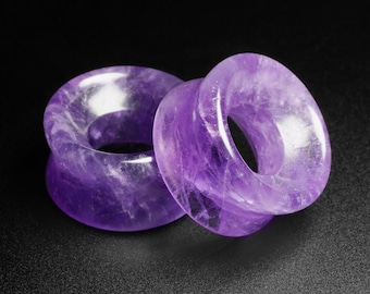 Amethist dubbele holle stenen tunnel | Organische stenen oorstretchermaten | Maten: 6 mm (2 g) - 25 mm (1") | ***Geen TARIEF IN DE VS!***