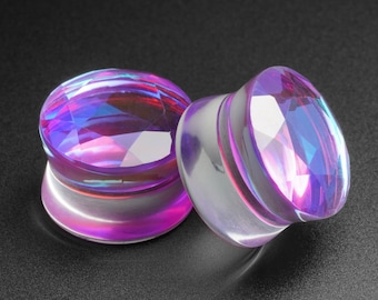 Purple Faceted Aurora Glass Double Flare Plug | Glass Facet Ear Stretcher Gauges | Sizes 6mm (2g) - 25mm (1") | ***No USA TARIFFS!***