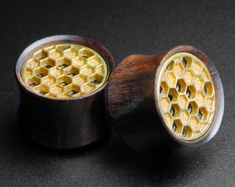 Sono Wood Double Flare Plug With Brass Honeycomb Inlay | Wooden Ear Stretcher Gauges | Sizes 6mm (2g) - 25mm (1") | ***No USA TARIFFS!***