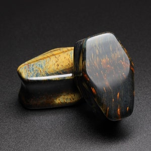 Blue Tiger&#39;s Eye Double Flare Coffin Stone Plug | Organic Stone Ear Gauges | Sizes 6mm (2g) - 26mm(1 1/32&quot;) | FREE Worldwide Delivery!
