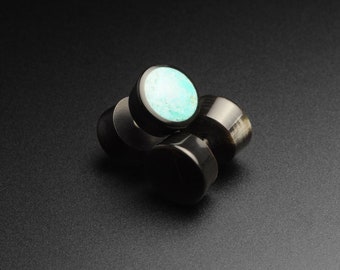 Horn Fake Gauge Plug With Crushed Turquoise Inlay For Pierced Ears | | Organic Fake Ear Stretcher Gauges | FREE Delivery Available!