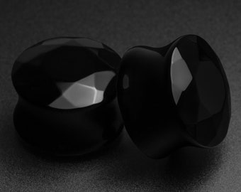 Faceted Black Agate Double Flare Plug | Organic Stone Ear Stretcher Gauges | Sizes 5mm (4g) - 16mm (5/8”) | FREE Worldwide Delivery!