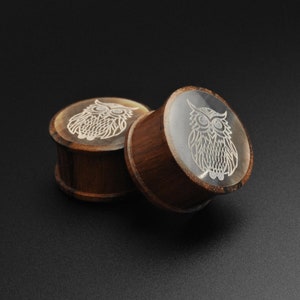 Sono Wood Double Flare Plug With Owl Engraved Black MOP Inlay | Wooden Ear Stretcher Gauges | FREE Delivery Available!