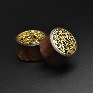 Sono Holz Double Flare Tunnel mit Floralem Messing Inlay | Holzohrmesser | Größen 10 mm (00g) - 20 mm (13/16 Zoll) |