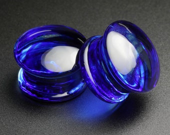 Blau wirbelnder Rauchglas Double Flare Convex Plug | Glas Ohr Dehnungsmessstreifen | Größen 6 mm (2g) - 25 mm (1"") |