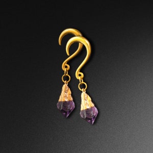 Può includere: Un paio di dilatatori per orecchie dorati con accenti di cristallo viola. I dilatatori hanno la forma di un gancio e hanno un ciondolo di cristallo pendente.