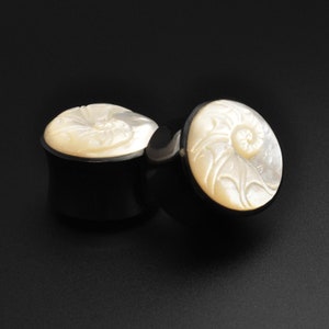 Horn Double Flare Plug With Ammonite MOP Carving Inlay | Horn Ear Plugs Ear Gauges | Plugs Earrings Stretchers | ***No USA TARIFFS!***