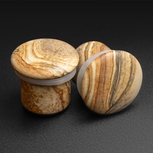 Picture Jasper Single Flare Convex Stone Plug | Organic Stone Ear Stretcher Gauges | Sizes 3mm (8g) - 16mm (5/8&quot;) |FREE Worldwide Available!