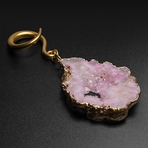 Druzy Pink Agate With Gold PVD Hook Ear Weight | Ear Weight Gauges For Stretched Ears | FREE Worldwide Delivery!