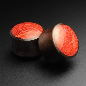 Sono Wood Double Flare Convex Plug With Red Coral Inlay | Wooden Ear Stretcher Gauges | Sizes 5mm (4g) - 25mm (1")| FREE Delivery Available!