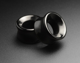 Schwarzer Onyx Double Flare Concave Stein Tunnel | Organic Stein Ohr Dehnungsmessstreifen | Größen 6 mm (2g) - 25 mm (1 &quot;) | KOSTENLOSE Lieferung verfügbar!