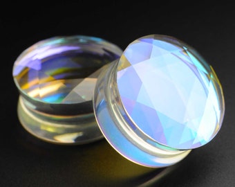 Faceted Aurora Glass Double Flare Plug | Glass Stretcher Gauge Lobe | Sizes 6mm (2g) - 25mm (1") | ***No USA TARIFFS!***