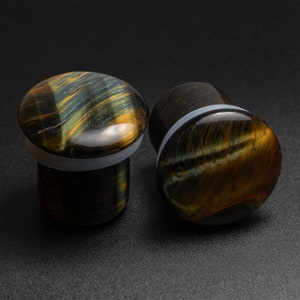 Blue Tiger&#39;s Eye Single Flare Convex Stone Plug | Organic Stone Ear Stretchers | Sizes 3mm (8g) - 16mm (5/8”) | FREE Delivery Available!