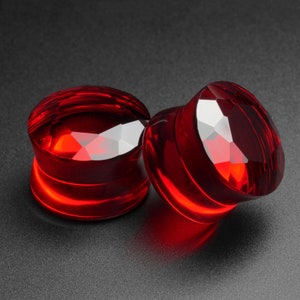 Faceted Red Glass Double Flare Plug | Glass Ear Stretcher Gauges | Sizes 6mm (2g) - 25mm (1&quot;) | Glass Gauges***No USA TARIFFS!***