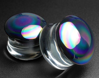 Rainbow Oil Slick Glass Double Flare Plug | Glass Ear Stretcher Gauges | Sizes 6mm (2g) - 25mm (1") | ***No USA TARIFFS!***