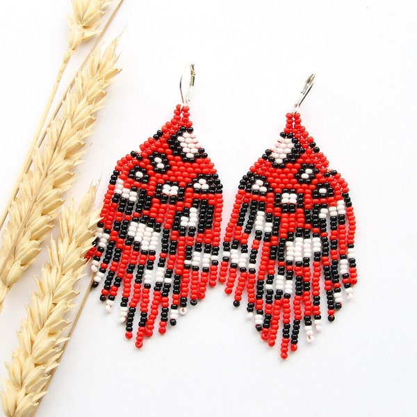 Red beaded chandelier earrings trendy handmade boho jewelry handmade gift for her seasonal accessory for women boho chic earrings