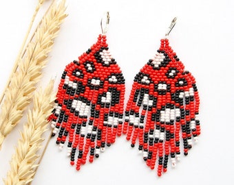 Red beaded chandelier earrings trendy handmade boho jewelry handmade gift for her seasonal accessory for women boho chic earrings