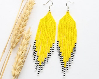 Long yellow tassel earring extraordinary handmade seed bead jewelry gypsy style women accessory adorable birthday gift for her