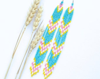 Long blue seed bead earrings seasonal boho style jewellery handmade beaded gift for women colorful amazing jewelry accessory