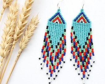 Seed bead chandelier earrings handmade blue beaded jewelry colorful women accessory beautiful gift for her