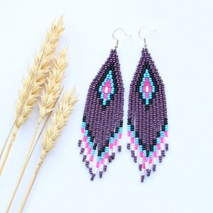 Purple Beaded Chandelier Earrings: Handmade Boho Fringe Jewelry
