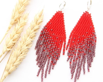 Red seed bead fringe earrings handmade beaded boho jewelry handmade gift for her seasonal accessory for women boho chic earrings