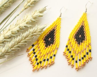 Yellow seed bead earrings handmade hippie earrings beaded colorful jewelry cute small earrings birthday gift for women
