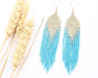 Blue seed bead earrings handmade boho style jewelry cute seasonal earrings for her amazing beautiful gift for women