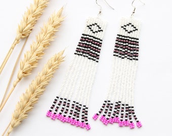 Long boho fringe earrings colorful seed bead jewellery seasonal women accessory handmade gift for celebration