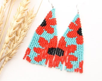 Red poppy earrings handwoven beaded boho earrings for women  cute artisan  gift for her colorful seed bead jewelry long tassel drop earrings