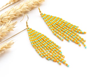 Orange Fringe Beaded Earrings, Handmade Boho Chic Jewelry