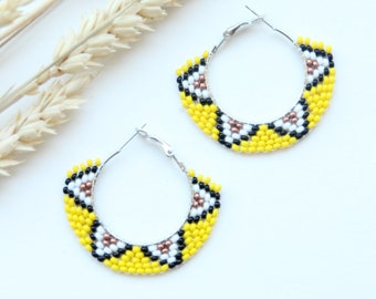 Beaded hoop earrings women yellow seed bead jewelry cute everyday earrings Christmas gift for her