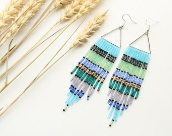 Beaded triangle earrings colorful seed bead jewelery cool boho festival earrings handmade gift for her