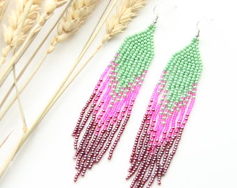 Bohemian style earrings bright pink beaded earrings women seed bead earrings everyday beautiful earrings