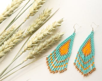 Turquoise seed bead earrings Handmade Hippie earrings Beaded colorful jewelry Cute small earrings Birthday gift for women