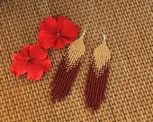 Seed Bead Earrings, Native American Inspired Bead Work, Boho earrings gold and brown color
