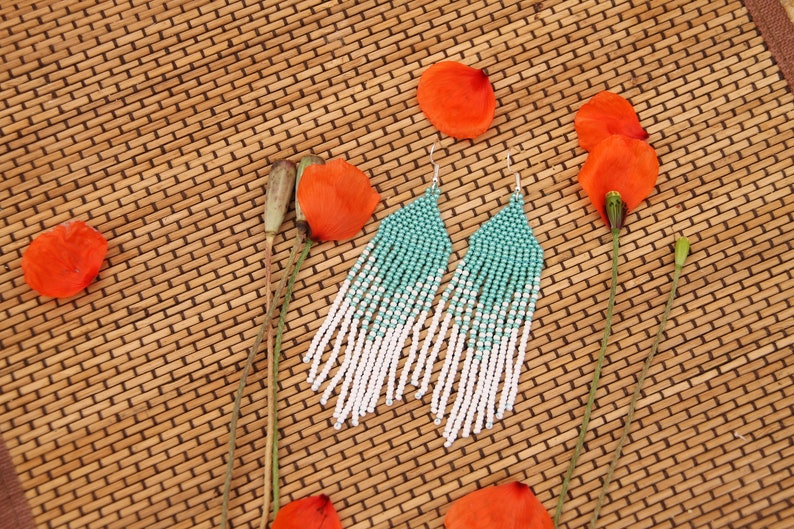 Seed bead earrings handmade turquoise white color seed bead Earrings New Boho