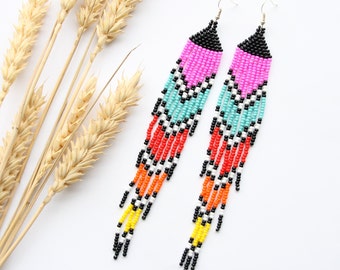 Boho Seed Bead Earrings: Long Colorful Handmade Jewelry