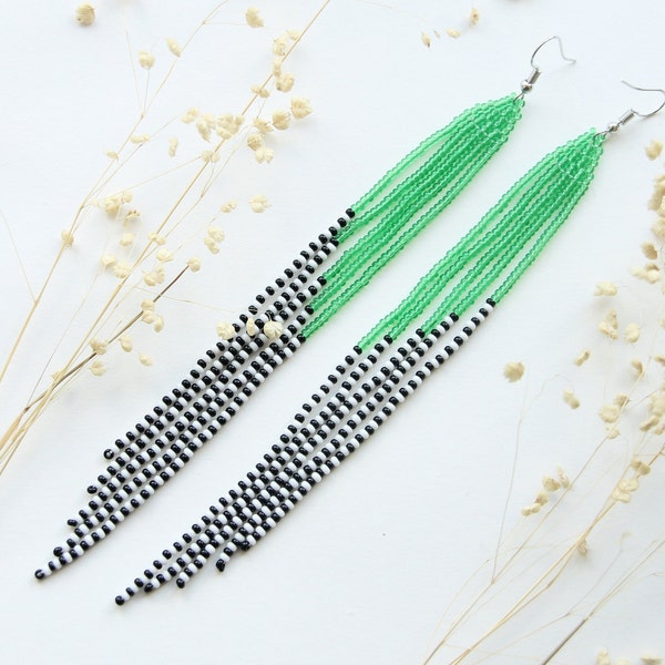 Green women beaded earrings,Native Style Jewelry,Long Fringe Earrings