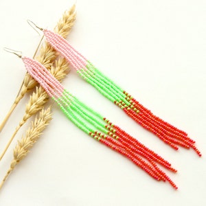 Long handmade chandelier earrings colorful beaded summer accessory gorgeous seed bead jewellery birthday gift for women